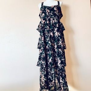 Arula Black & Pink Velvet Floral Sleeveless Tiered Maxi Dress.